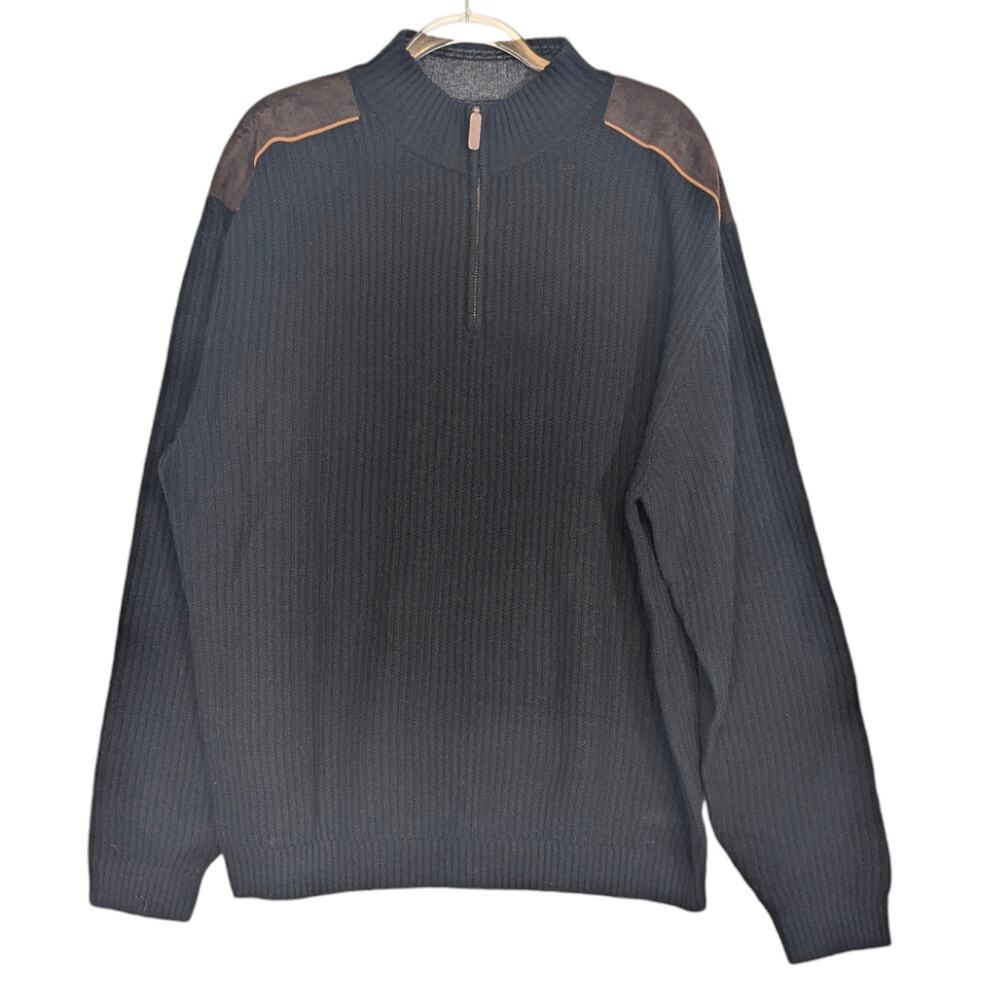 Cutter & Buck Black Quarter Zip Mock Neck Sweater Suede Shoulder Elbow XXL New